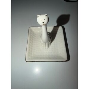 White Ceramic Cat Ring Holder Dish Gold Trim Textured Square Jewelry Tray